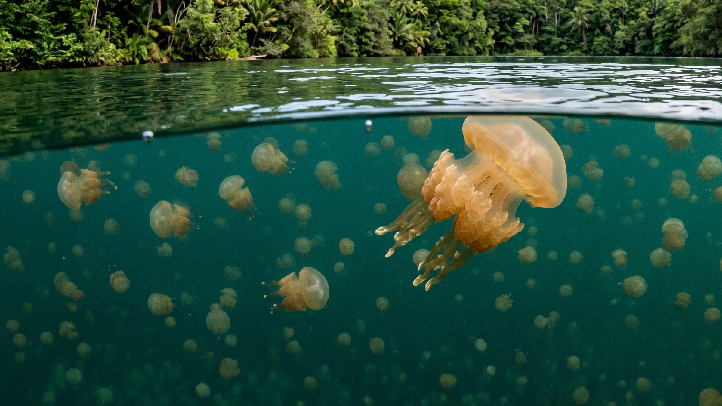 Several golden jellyfish swimming underwater near the surface with a forested shoreline visible in the background.
