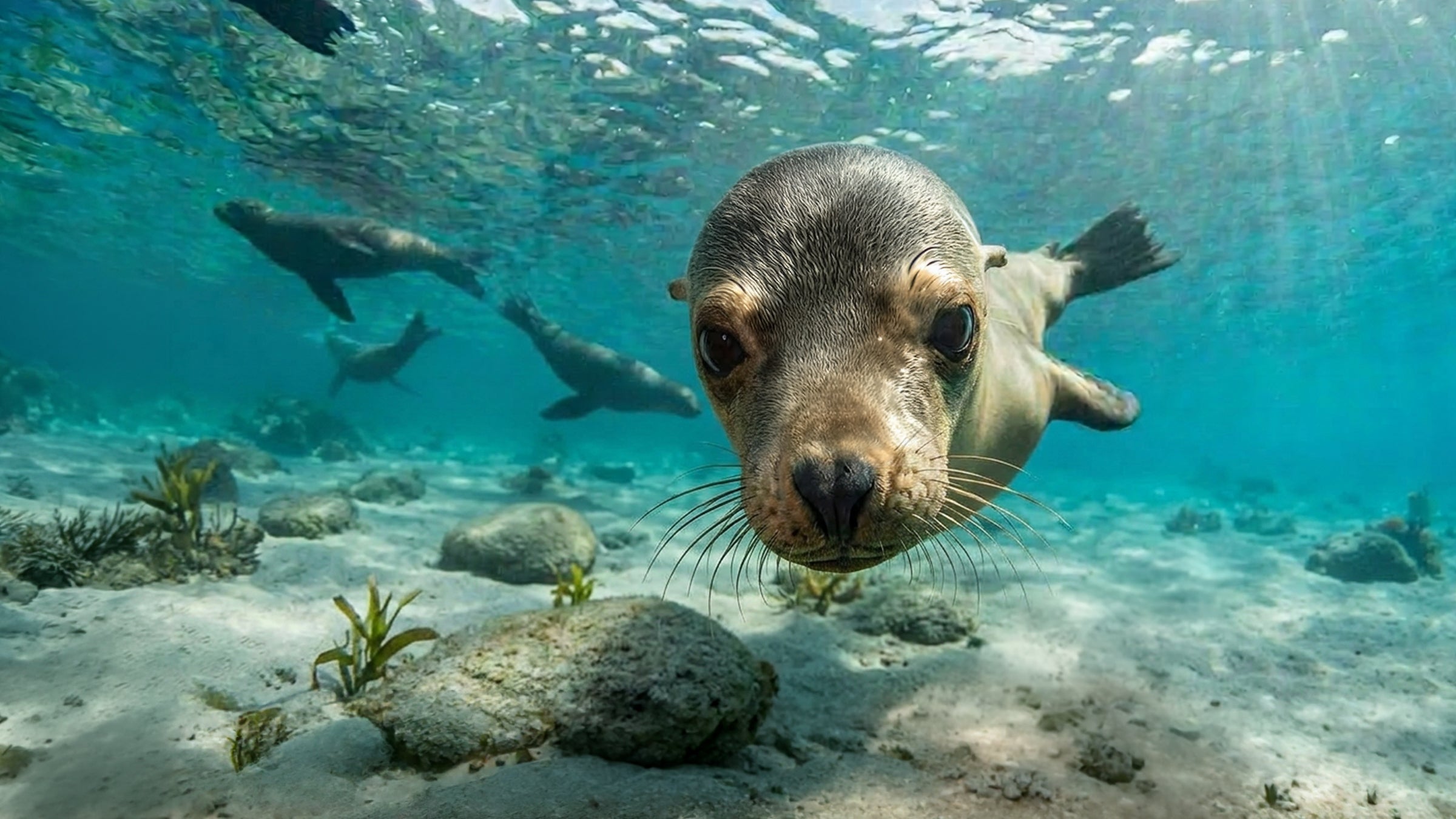 Several sea lions swimming underwater above a sandy ocean floor with rocks and small plants in the background.