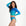 Woman wearing a blue patterned long-sleeve crop top rash guard and high-waisted bikini bottom on a white background